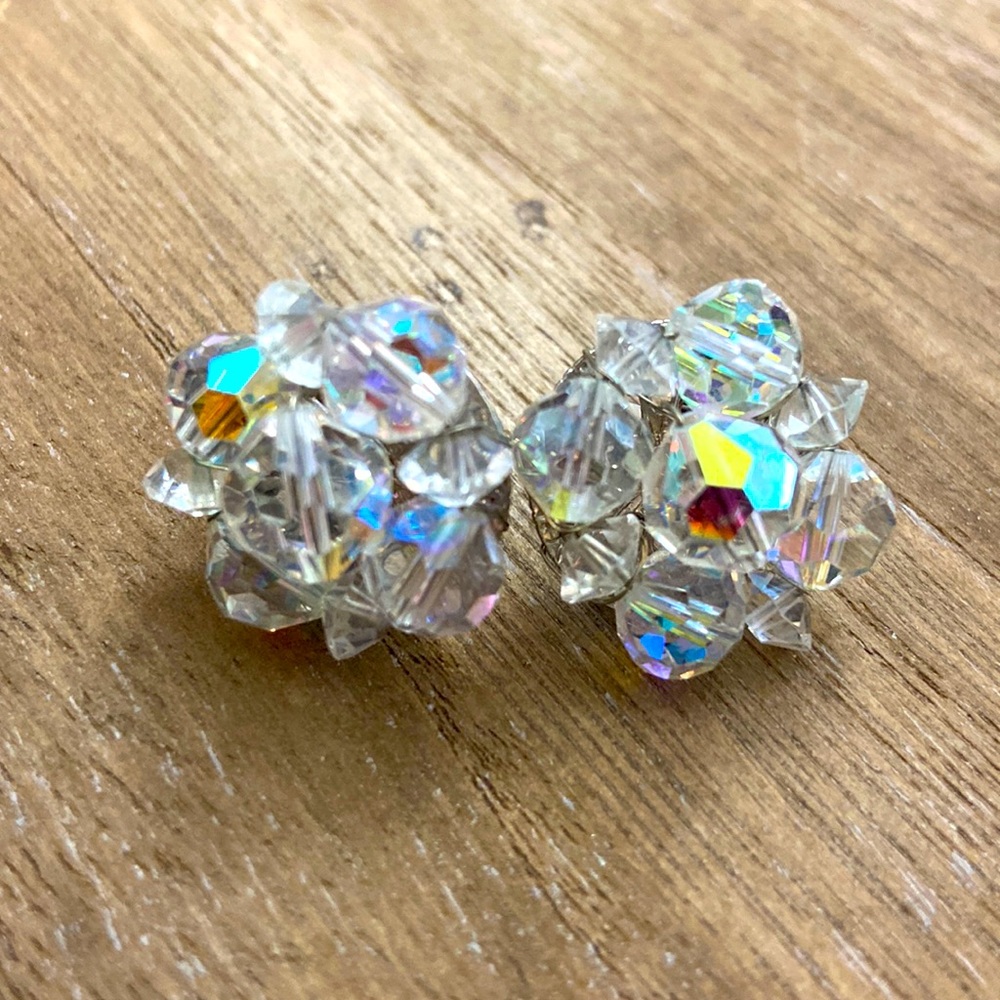 Vintage Aurora Borealis Glass Bead Clip On Earrings